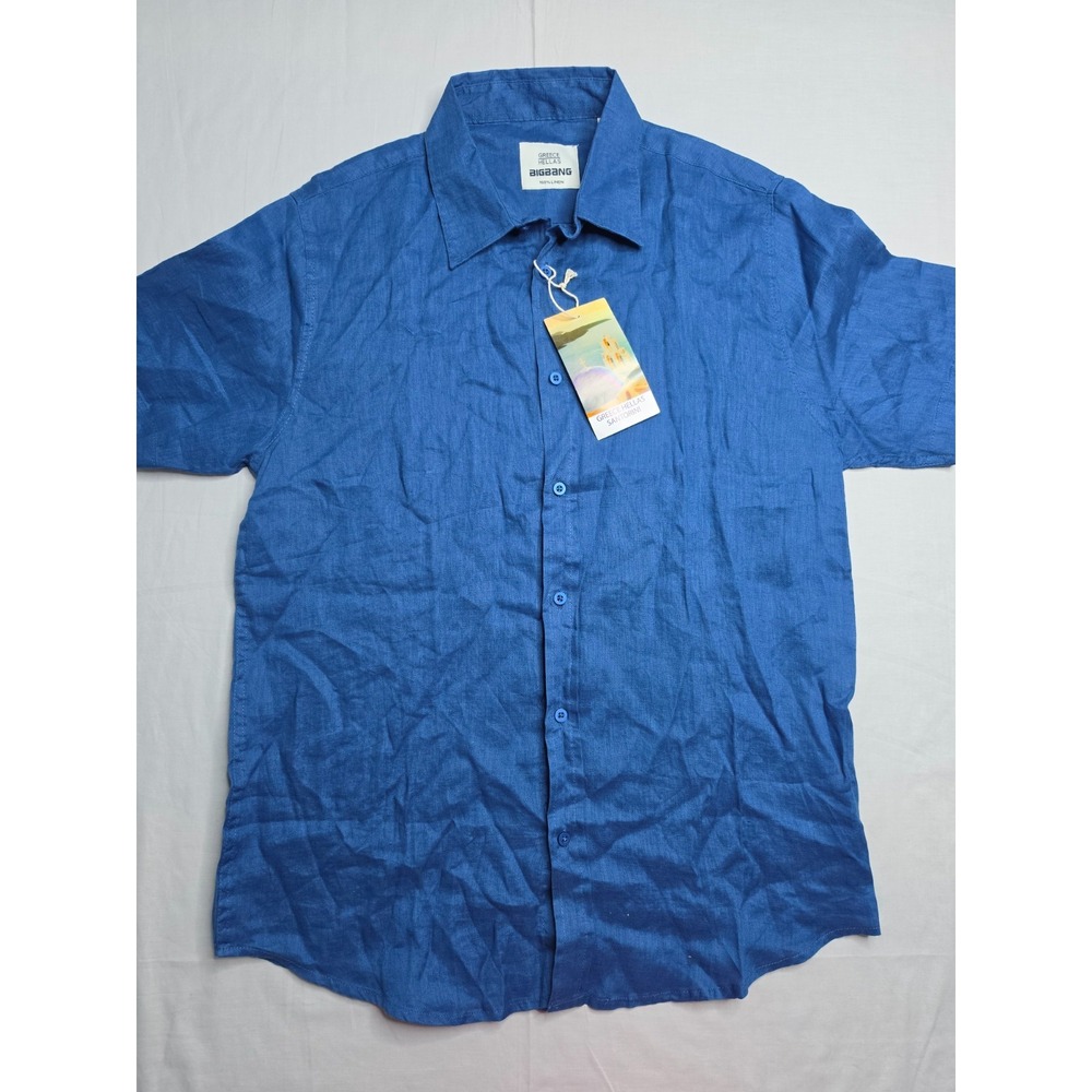 BigBang Greece Hellas Shirt Men XL Blue 100% Linen Short Sleeve Button-Up Casual